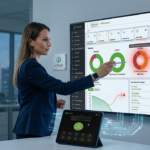 business professional in a modern office environment analyzing a large digital dashboard displayed on a wall-mounted monitor - aitime