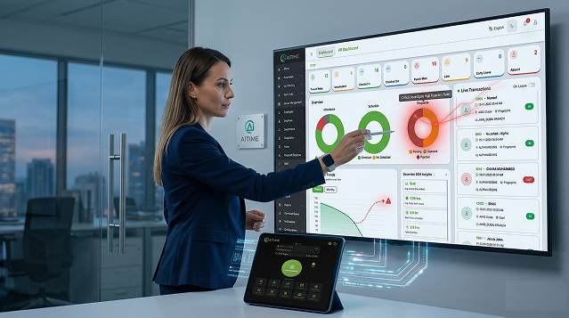 business professional in a modern office environment analyzing a large digital dashboard displayed on a wall-mounted monitor - aitime