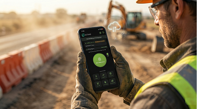 delivery driver wearing safety gear) in a remote or low-network environment such as a construction site