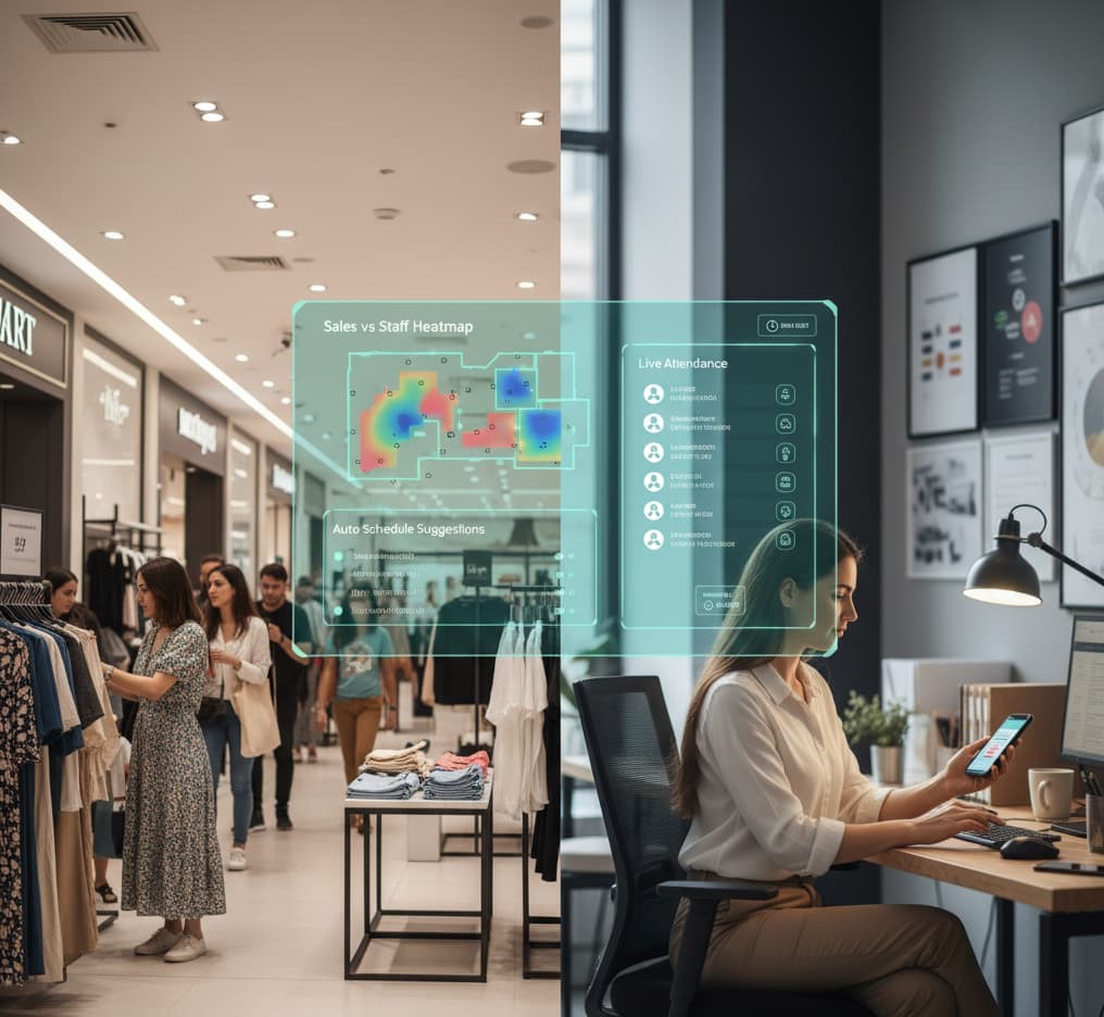 Retail-manager reviewing-live-attendance-and-AI-schedule- optimization- in-UAE