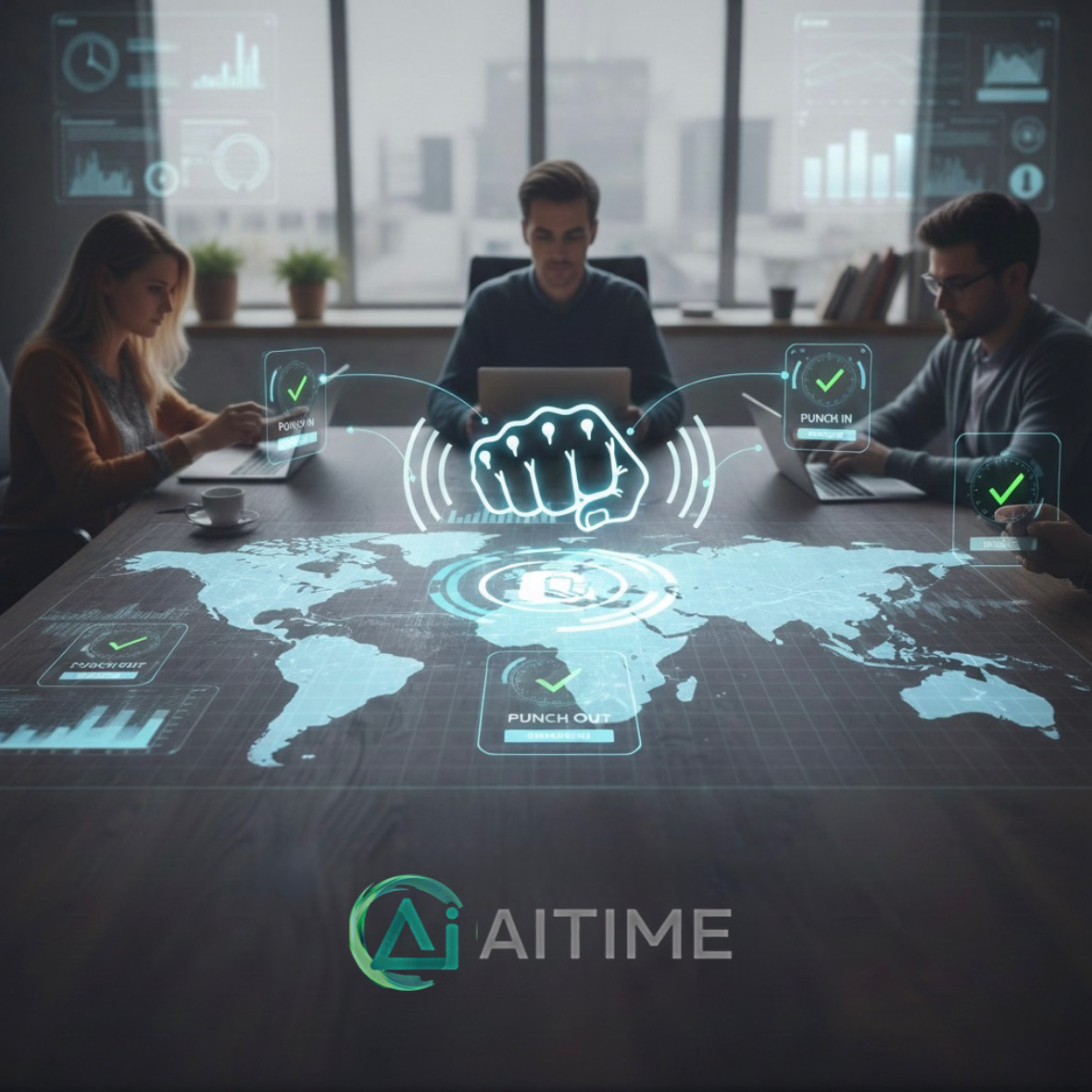 Team using AITIME global workforce management system with AI-powered punch in and punch out tracking software UAE