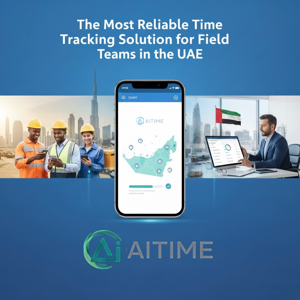 Field employees and managers using AITIME mobile time tracking and attendance software UAE with real-time workforce analytics
