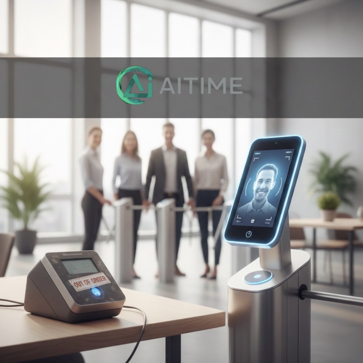 AI face recognition attendance system replacing outdated time clock device in a modern UAE offic