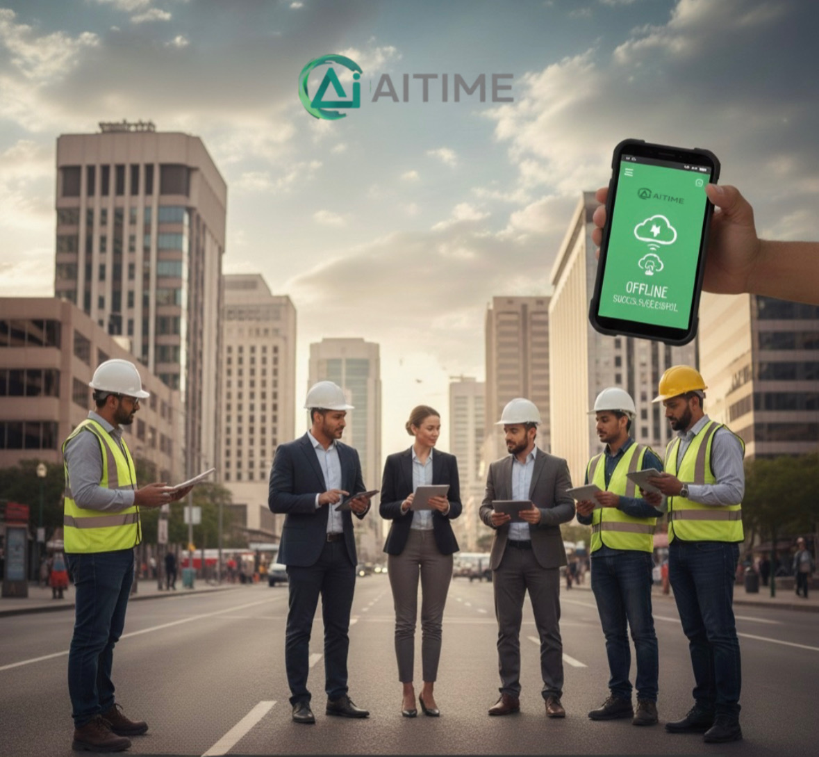 Construction and management team using AITIME mobile attendance and workforce management software UAE with offline tracking system