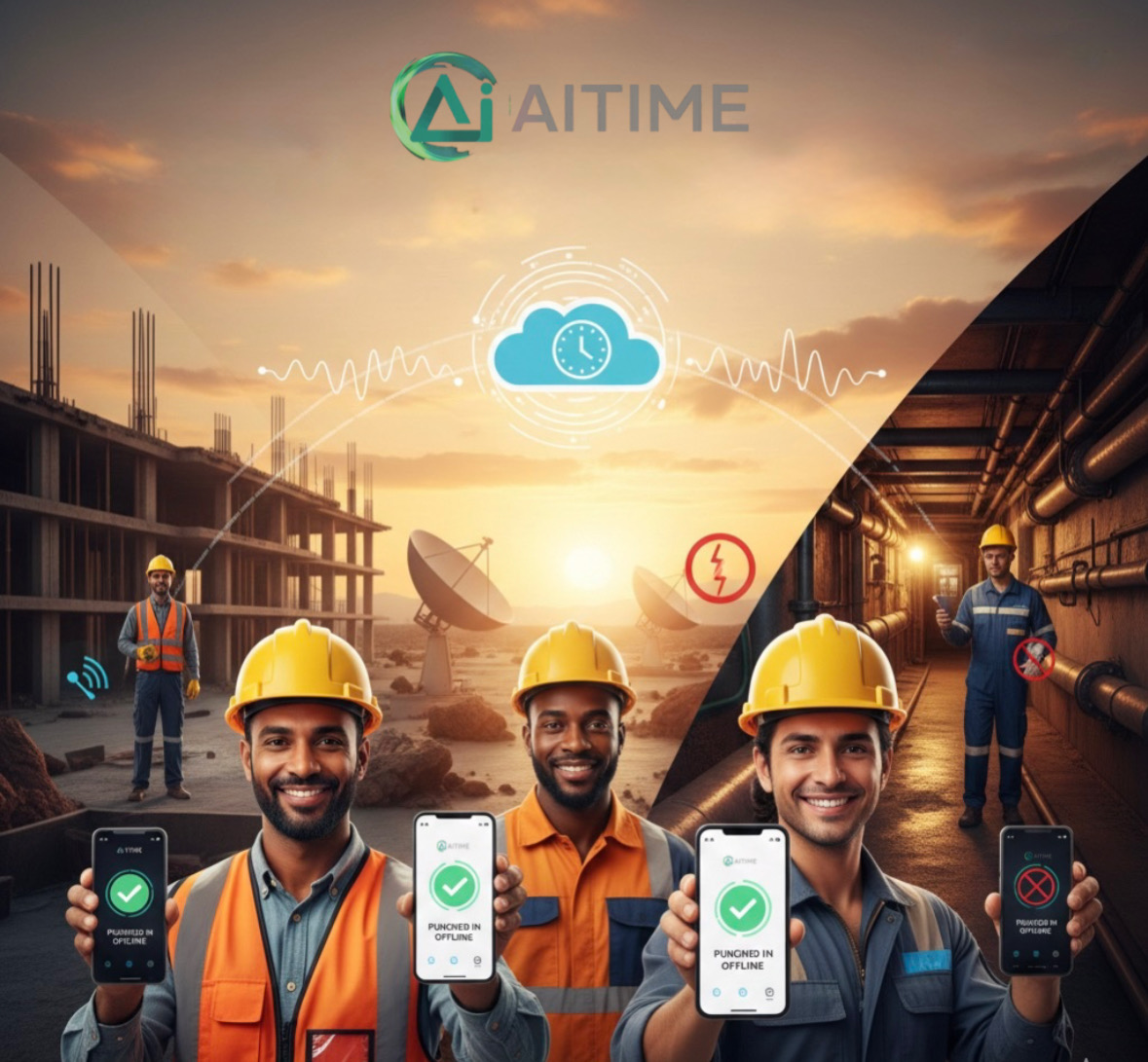 Construction workers using AITIME mobile attendance app with geofencing and offline punch-in system powered by AI workforce management software UAE