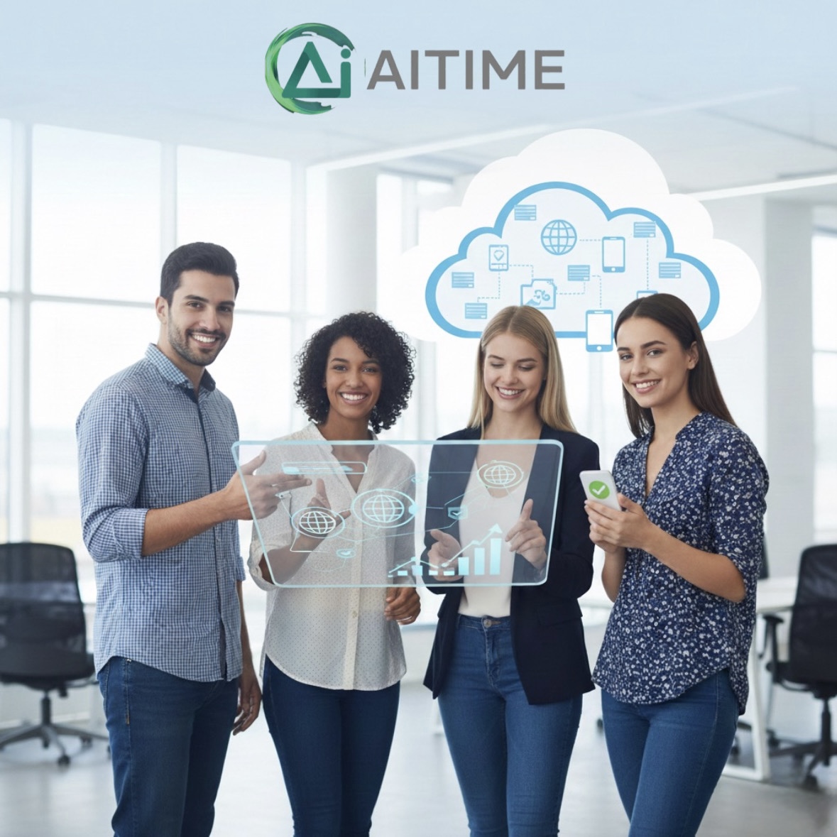 employees using cloud-based attendance and time tracking system with AI digital interface