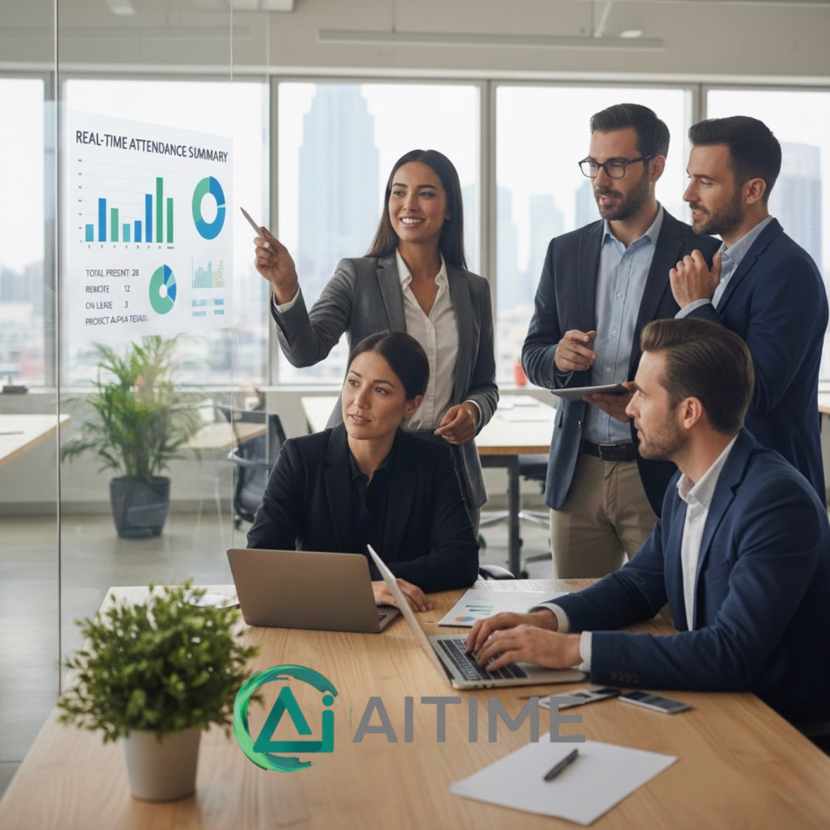 Business team analyzing real-time attendance summary dashboard using AITIME workforce management software UAE