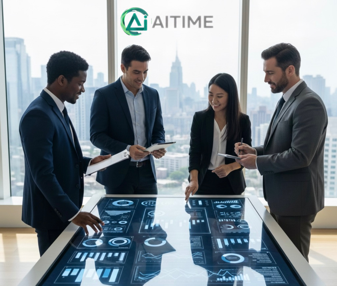 Team-analyzing-AI-based-workforce analytics dashboard for employee attendance and time tracking software in UAE using modern digital tools