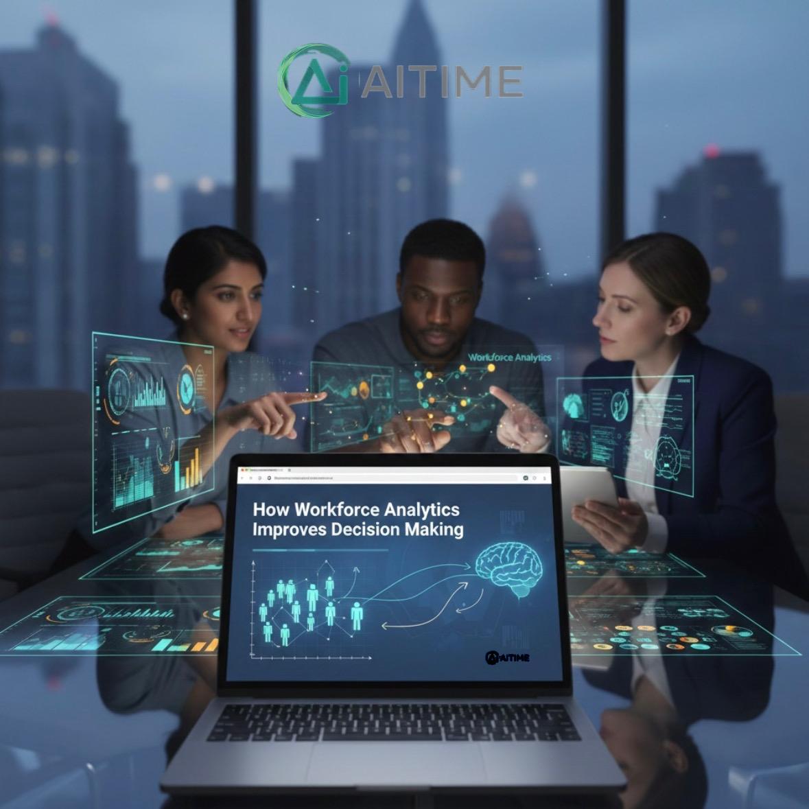 Team analyzing workforce analytics data dashboard using AI-powered workforce management software UAE by AITIME