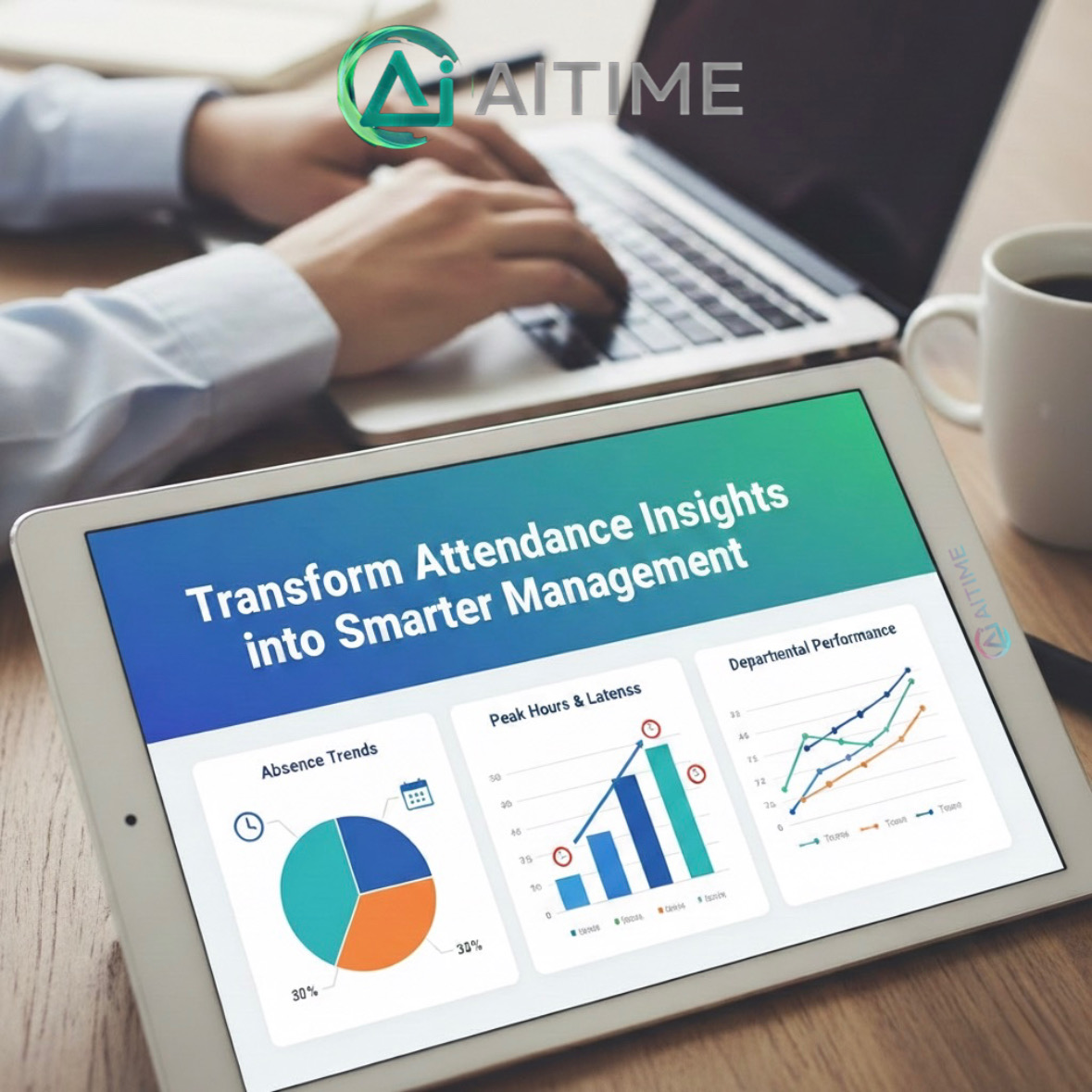 Tablet displaying AITIME attendance analytics dashboard with absence trends, peak hours, and departmental performance charts for UAE businesses