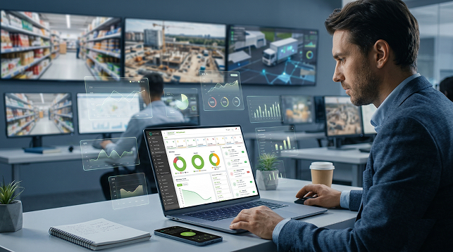 supervisor (business attire) is reviewing real-time attendance data on a laptop - aitime